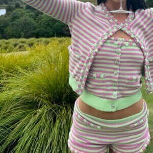 Dua Lipa--- Pink striped tank top, cardigan and short---Whole set